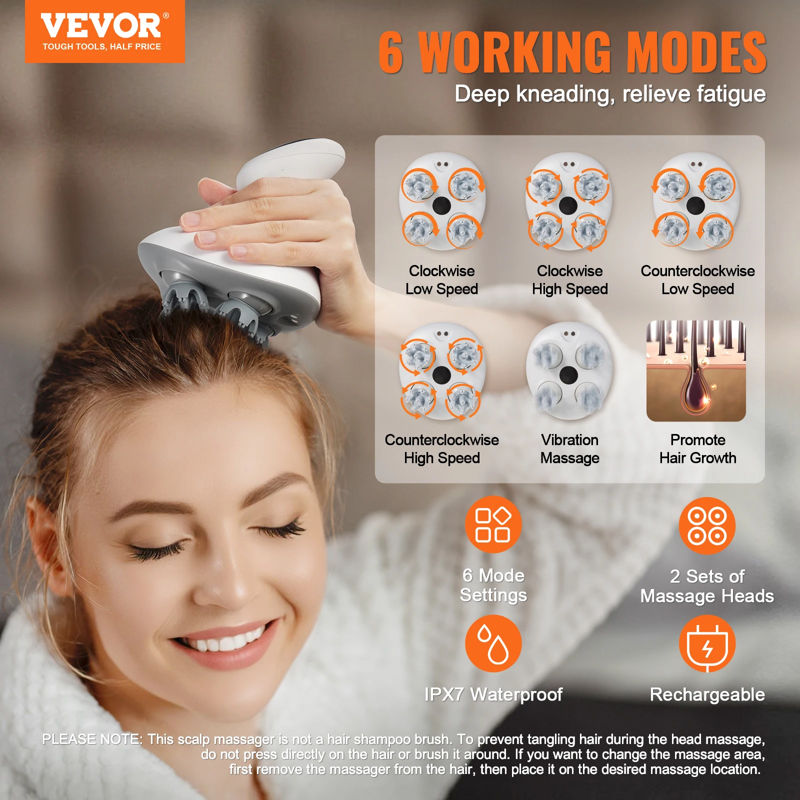 Electric Scalp Massager — Rechargeable, Waterproof, 4 Kneading Heads